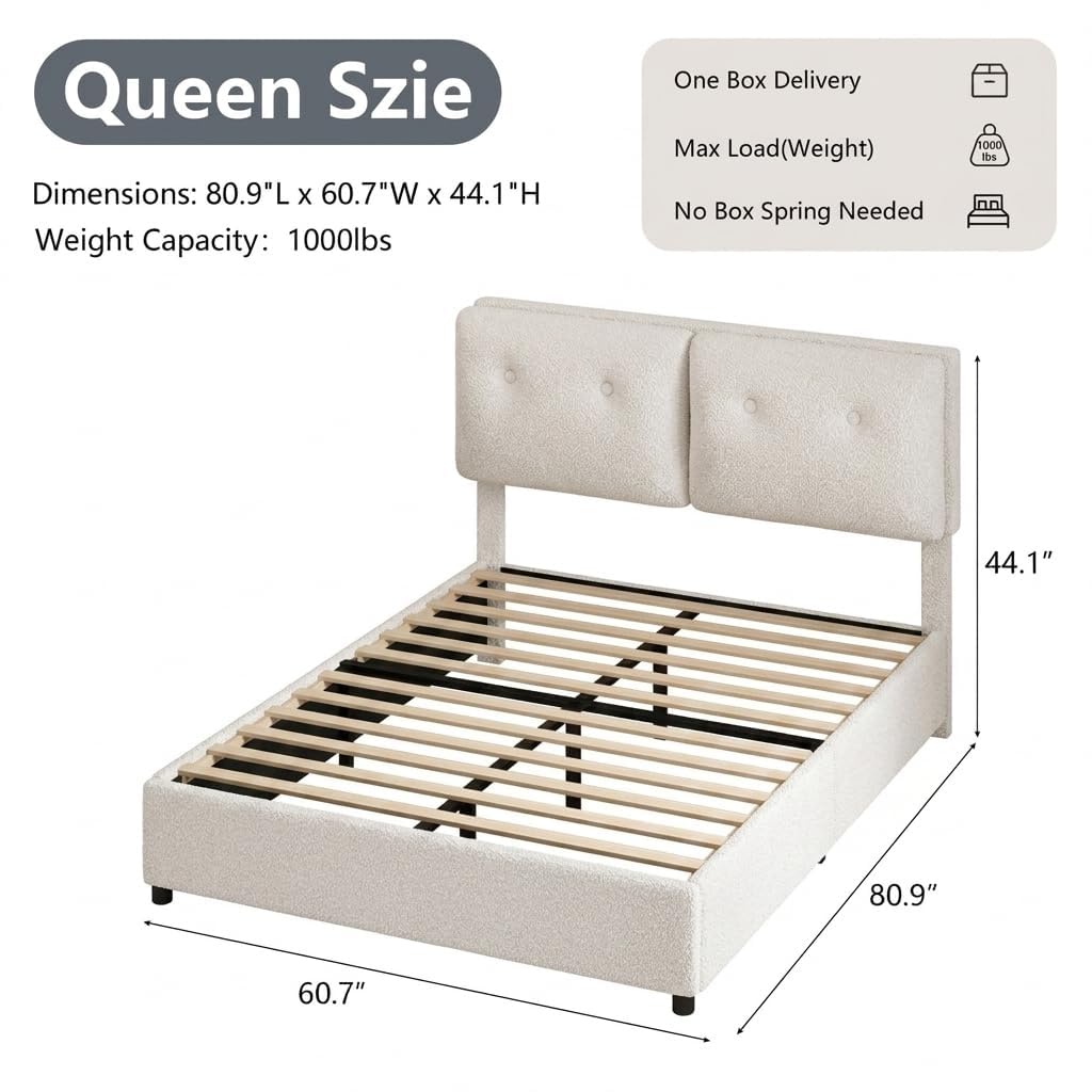 IMMERSTABLE Bed Frame Queen Size, Boucle Upholstered Bed Frame with Headboard, Removable and Washable, No Box Spring Needed, Wood Slat Support，Easy Assembly, White