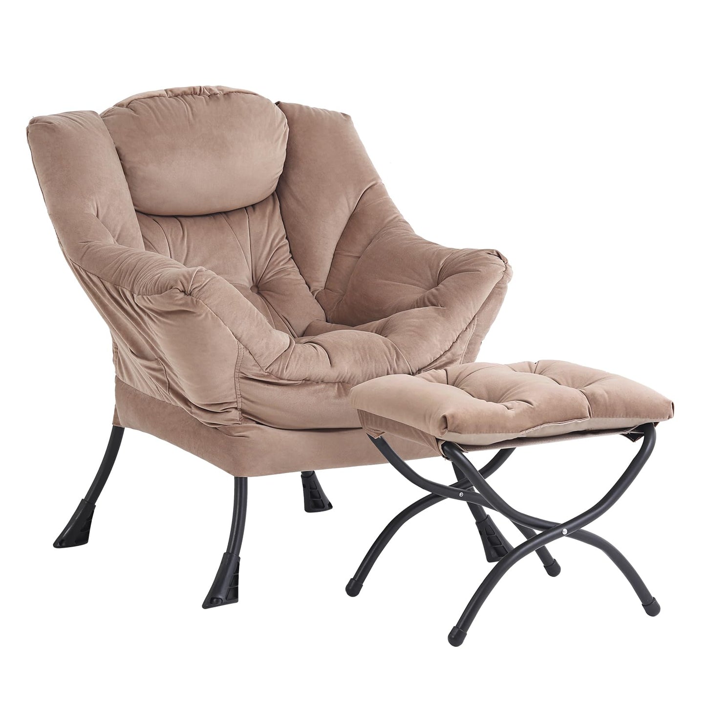 Givjoy Lazy Chair and Ottoman, Large Velvet Brown Accent Chair with a Side Pocket, Modern Leisure Upholstered Sofa Reading Armchair with Footrest for Office, Bedroom, Living Room, Dorm Rooms, Balcony