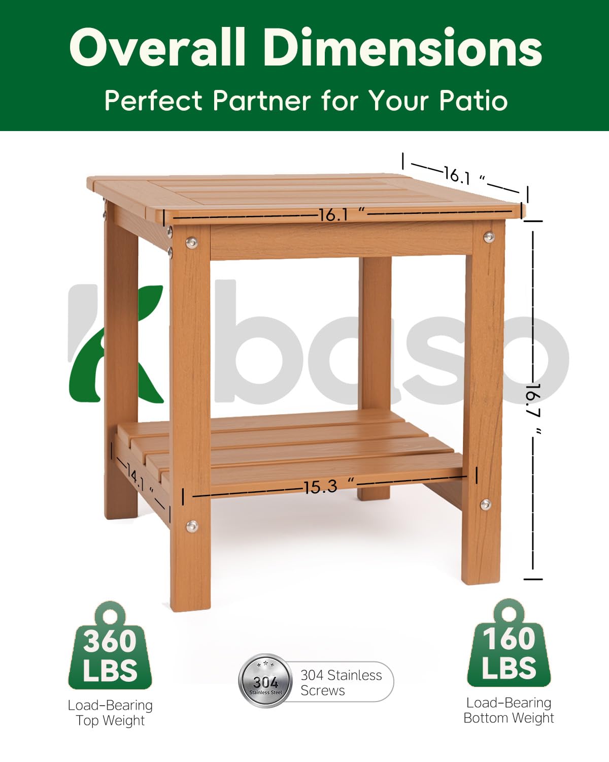 Kibaso-Adirondack Outdoor Side Table, 2-Tier HDPE Outdoor End Table, Weather Resistant Easy Maintenance, Small Patio Side Table for Patio, Pool, Porch, Garden, Lawn, and Living Room (1, Rustic Teak)