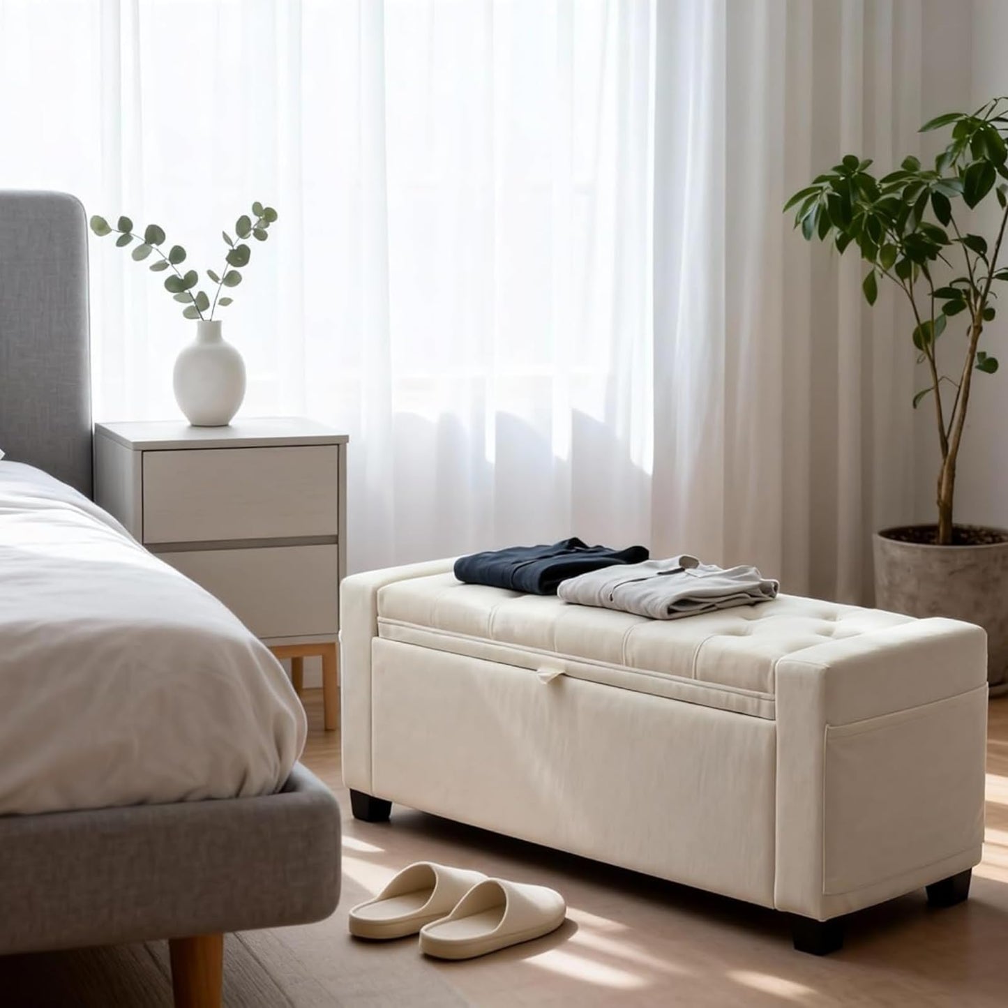 ZideGomai Storage Ottoman Bench for Bedroom, End of Bed Bench with Hidden Storage, Upholstered Tufted Linen Ottoman with Safety Hinge, Bedroom Bench with Storage, 43 Inch, 350lb, Linen Beige