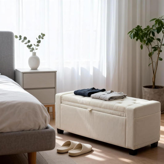 ZideGomai Storage Ottoman Bench for Bedroom, End of Bed Bench with Hidden Storage, Upholstered Tufted Linen Ottoman with Safety Hinge, Bedroom Bench with Storage, 43 Inch, 350lb, Linen Beige
