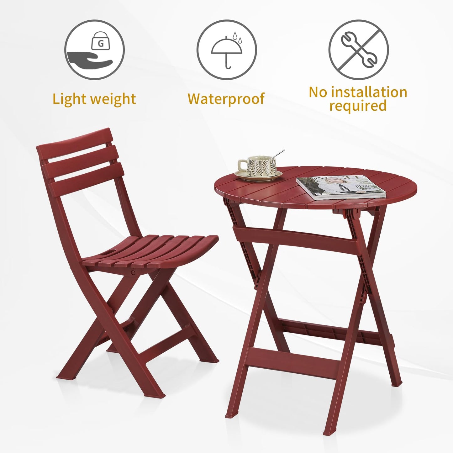 KAIHAOWIN Folding Bistro Set Foldable Outdoor Cafe Table and Chairs for 2 Small Furniture 3-Piece Porch Backyard Balcony Garden Patio-Red