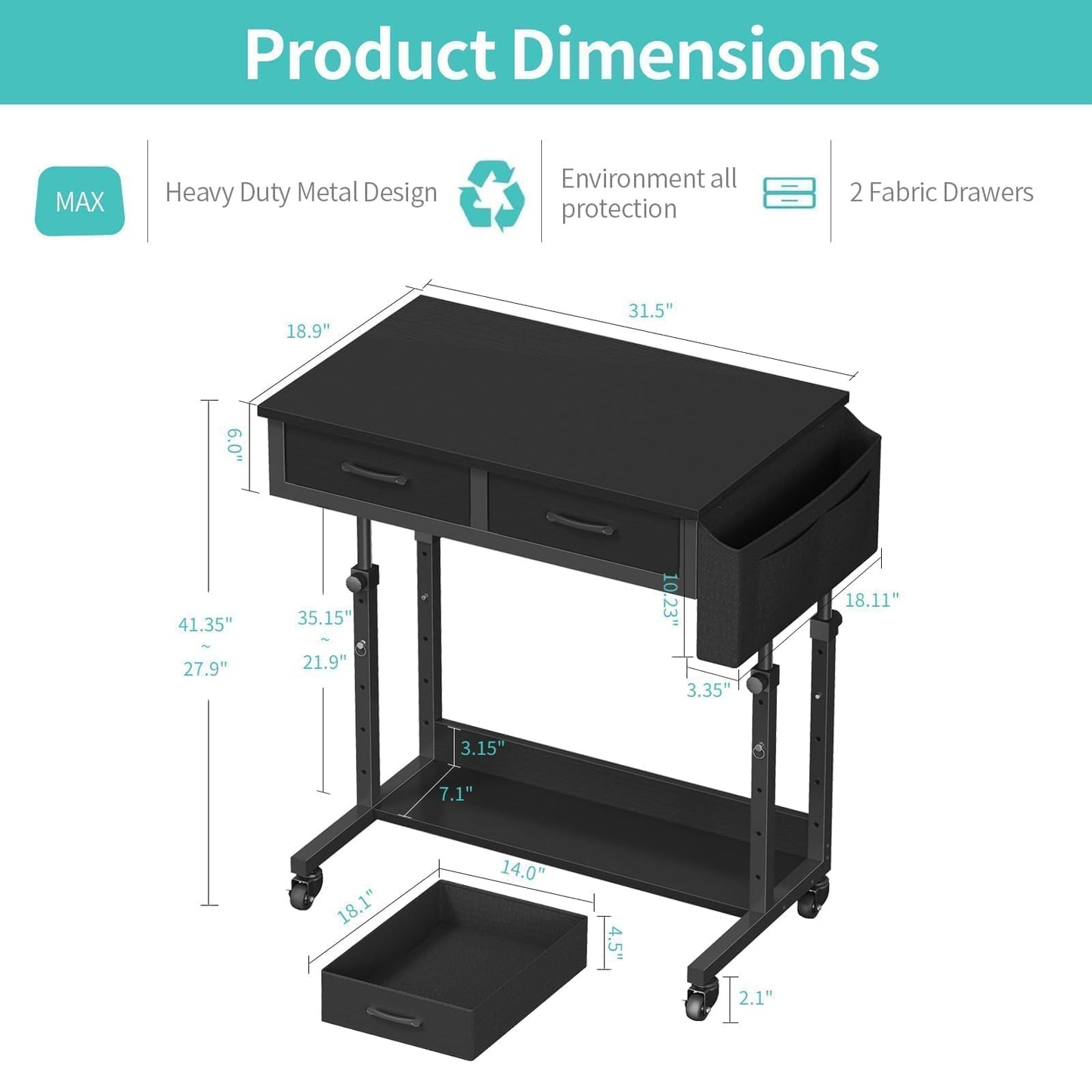 Small Portable Rolling Standing Desk - 32 Inch Adjustable Mobile Stand Up Gaming Desks with 2 Fabric Drawers on Wheels, Couch Sofa Side Laptop Table with Storage for Home Office, Black