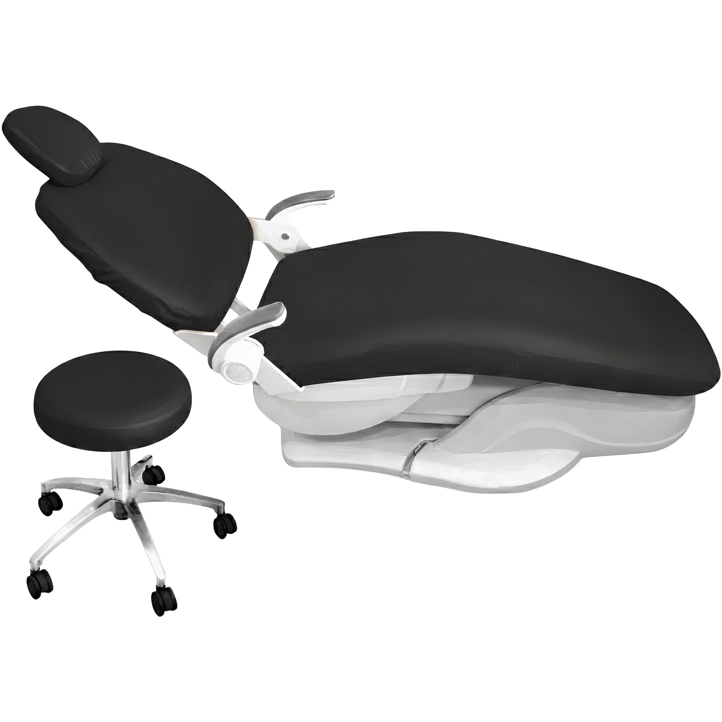 4Pcs/Set Protective Dental Chair Covers PU Leather Waterproof Elastic Seat Cover Headrest Backrest Round Cushion Protection Reusable Washable Wipeable Dentist Office Equipment Upholstery Case (Black)
