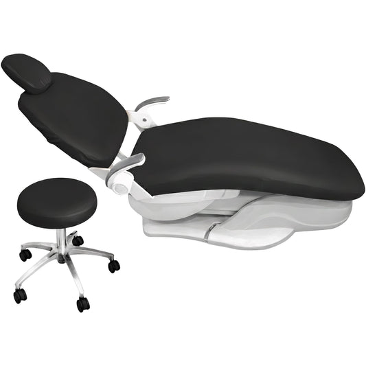 4Pcs/Set Protective Dental Chair Covers PU Leather Waterproof Elastic Seat Cover Headrest Backrest Round Cushion Protection Reusable Washable Wipeable Dentist Office Equipment Upholstery Case (Black)