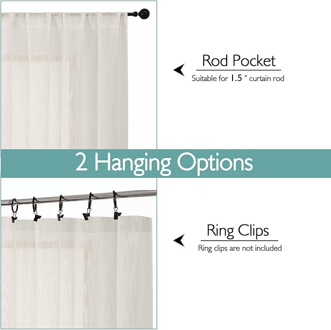Chyhomenyc Ivory Semi Sheer Curtains 36 Inch Length, Light Filtering Faux Linen