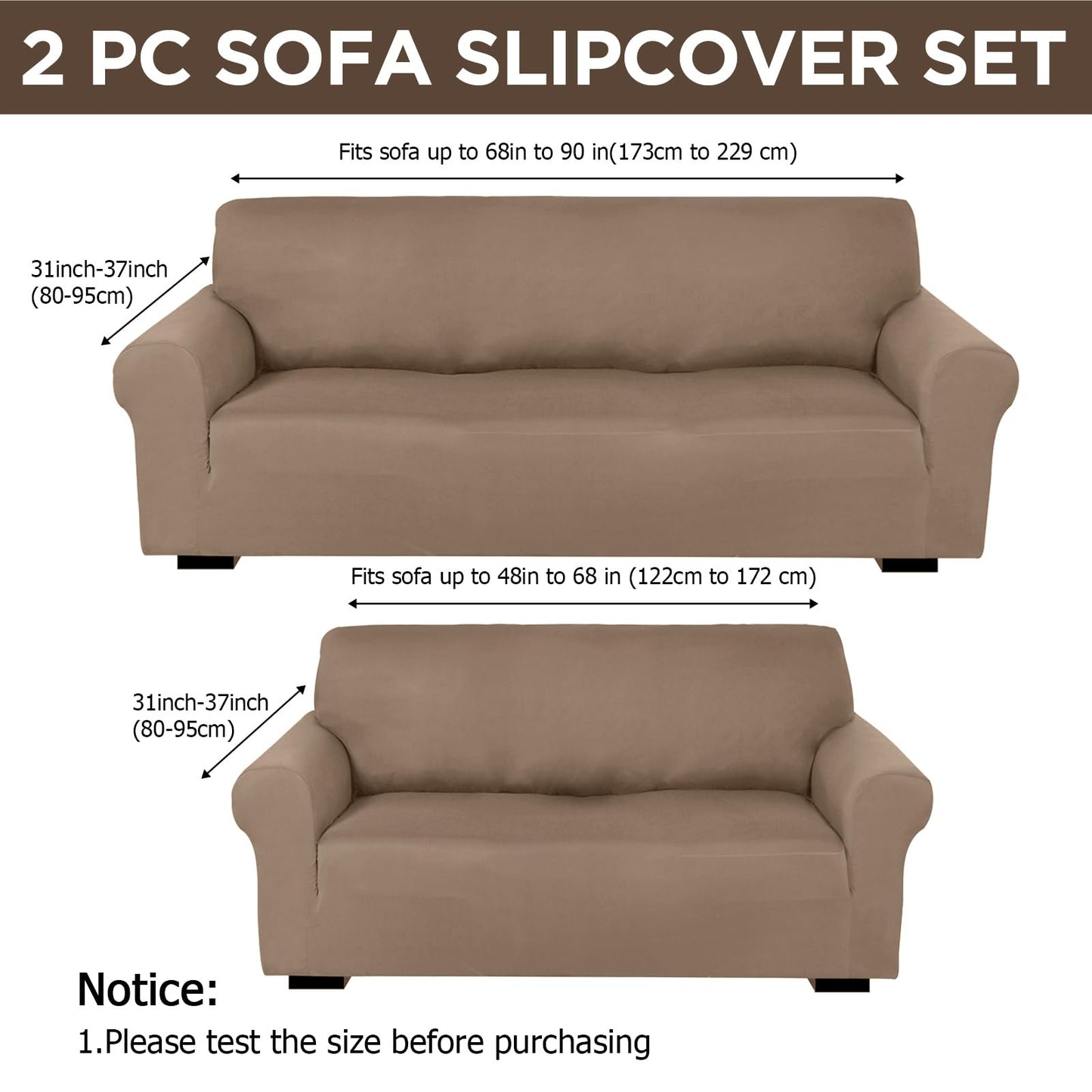 Peryiter 2 Pcs Sofa Covers Couch and Loveseat Covers Set Stretch Sofa Slipcover for Living Room Armchair Furniture Protector, Wrinkle Proof(Camel,Milk Silk)