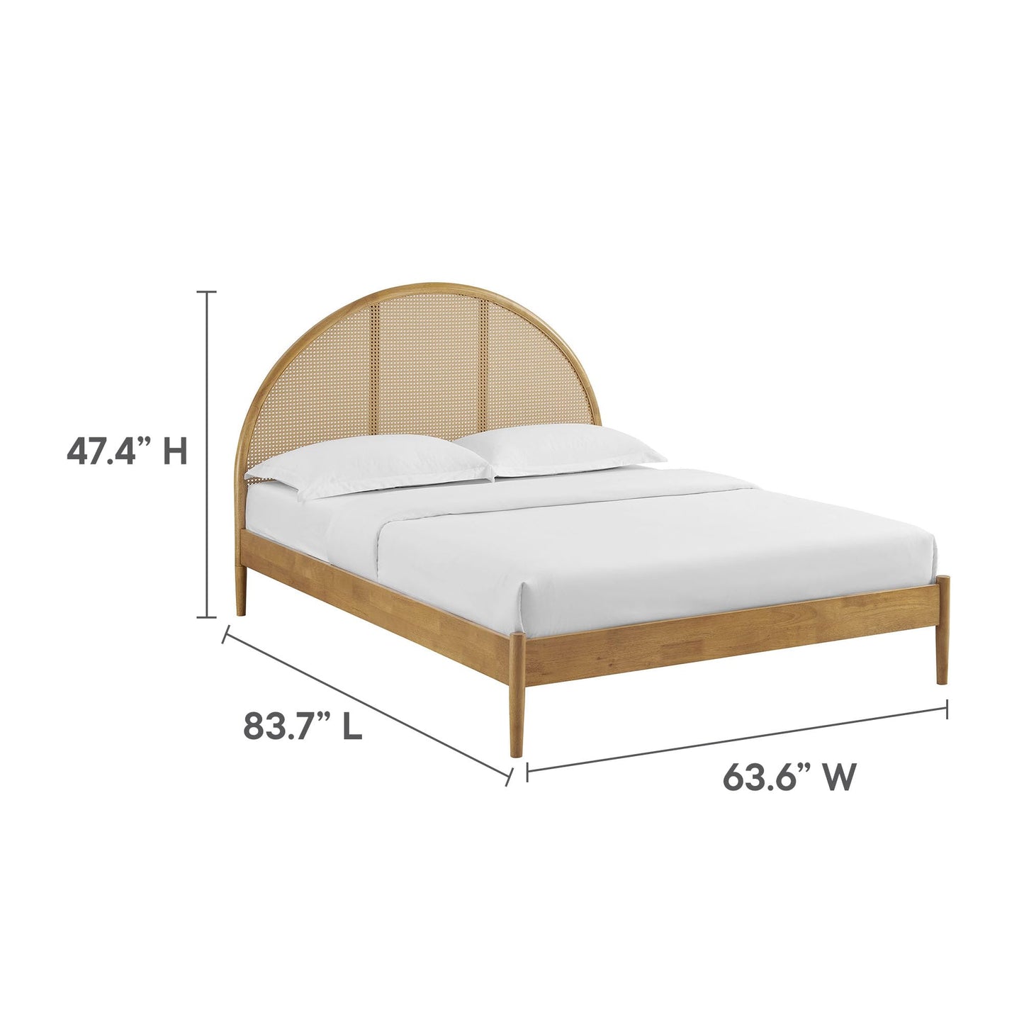 Modway Odette Arched Queen Platform Bed in Oak with Rattan Cane Headboard – Wooden Queen Half Moon Bed Frame – Mid-Century Modern Queen Size Platform Bed Frame