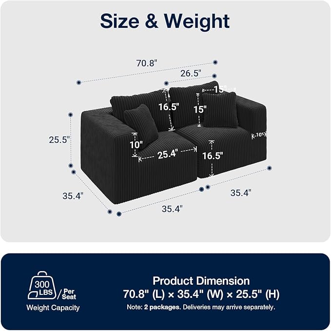 Avenco 71” 2-Seater Modular Loveseat Sofa Couch, Individually Wrapped Coil