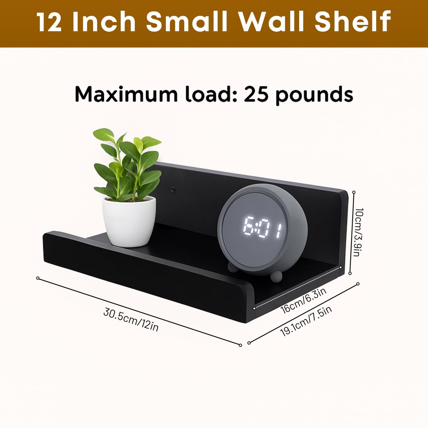 FURAOMEILI Floating Wall Shelves Set of 2, 12-Inch Solid Wood Shelves with Cable Holes, Small Display Shelf for Router, Webcam, Smart Speaker, Camera – Black