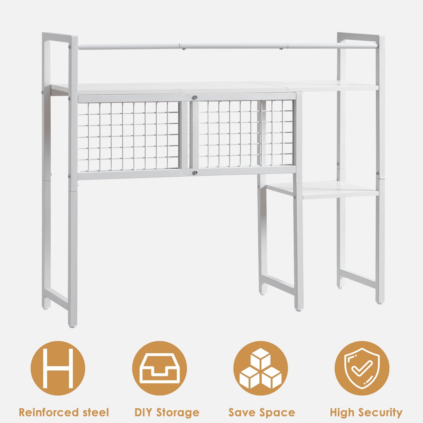 Grecodown 4-Tier Desk Hutch Shelf with Grid Panel, 36” Desktop Bookshelf for Monitor, Office & Home (White, 36")
