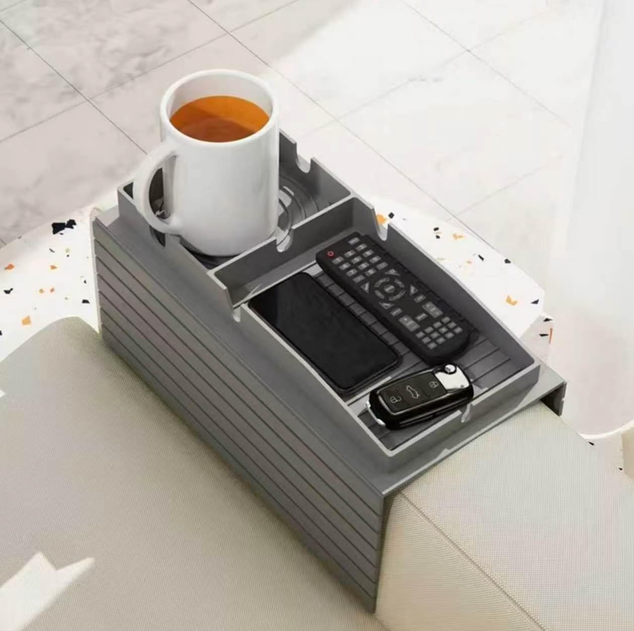 Couch Cup Holder Tray, Featuring Waterproof, Non-Slip, Durable, and Easy-to-Clean Properties. Its Adjustable Width Makes it Suitable for Sofa armrests of Various Sizes(Grey)