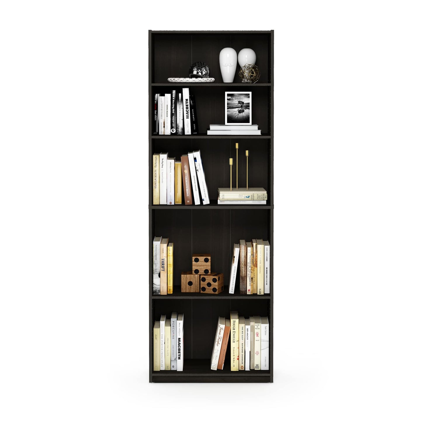 Furinno JAYA Book Shelf, 5-Tier Bookshelf, Bookcase with Adjustable Shelves, 9.5" x 24.5" x 71.2", for Organization and Storage, for Living Room, Bedroom, Home Office, Espresso
