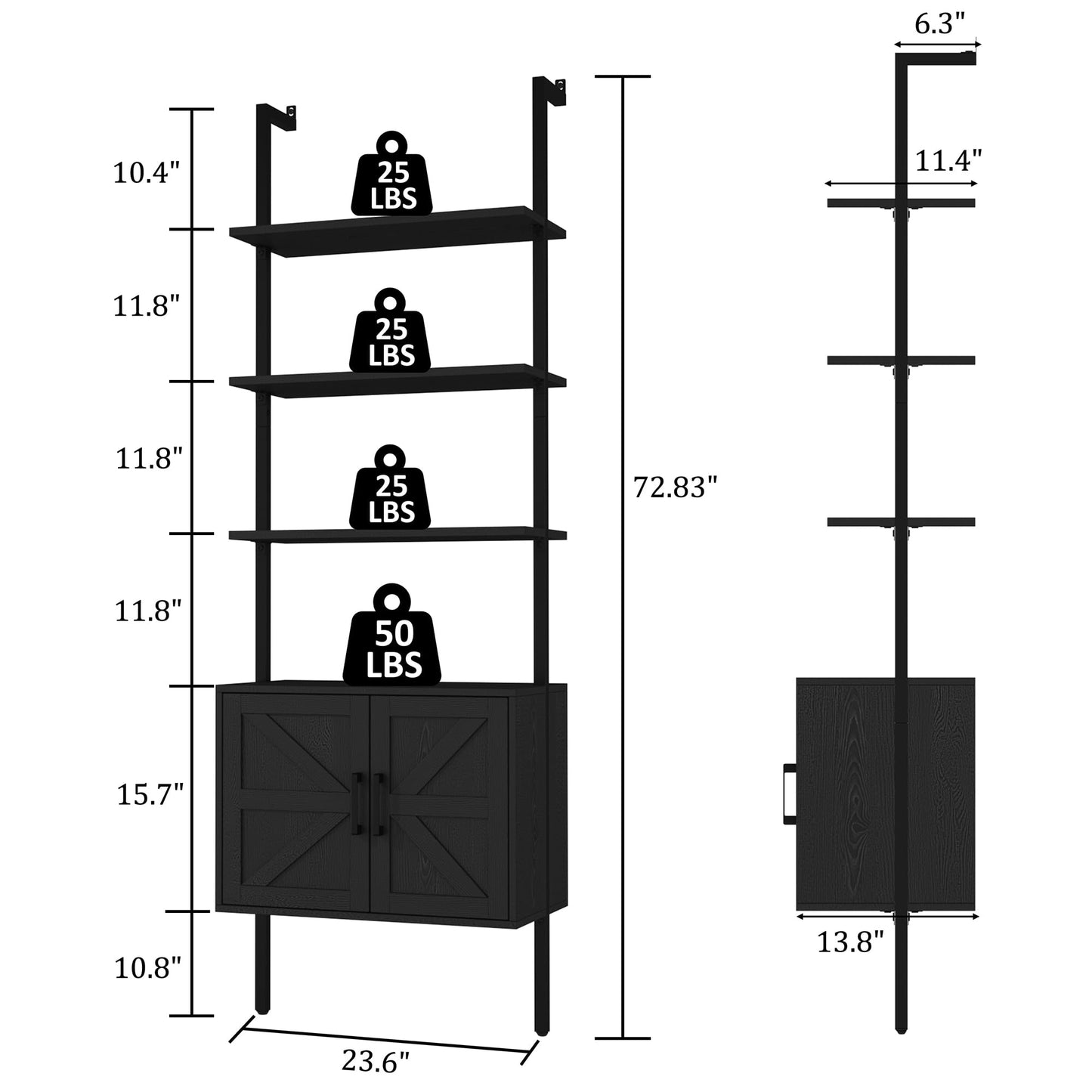 Yusong 73" Tall Bookshelf with Cabinet, Industrial Ladder Wall Mount Shelf Farmhouse Bookcase with Wood and Metal Frame, Plant Shelf Wall Storage Display for Living Room Bedroom, Farmhouse Black
