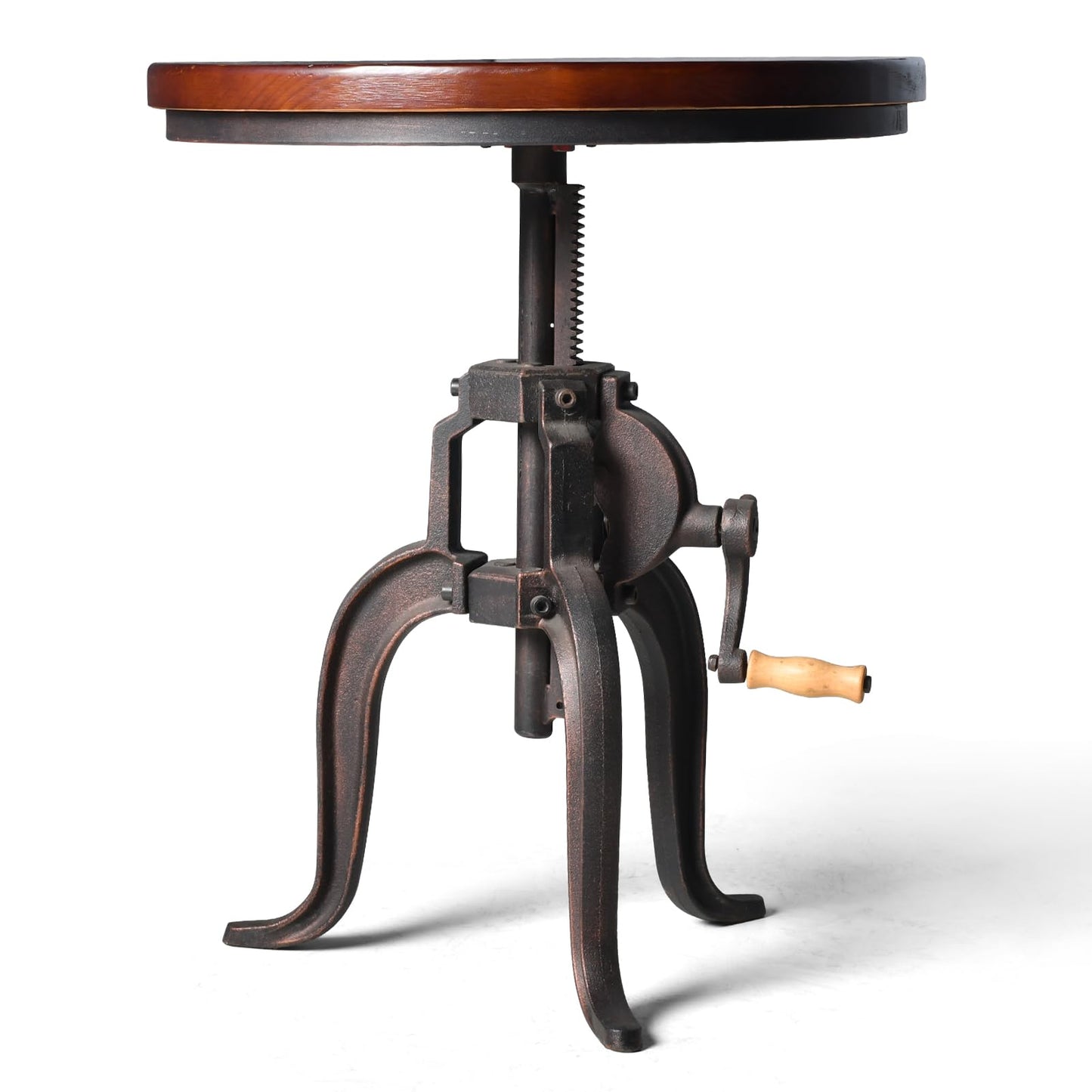 Topower Industrial Retro Side Table Antique Mechanic Crank Height Ajustable Black Walnut Wood Top Three-Legged Farmhouse Accent End Table Copper