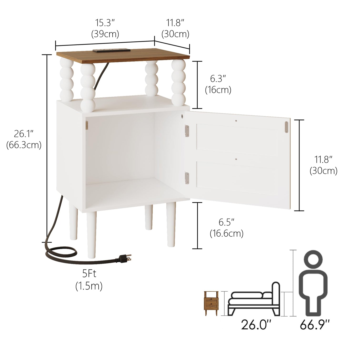 Veegle White Nightstand with Charge Station,Modern Bedside Table with Storage Drawer and Open Wood Shelf, for Bedroom and Small Spaces,Night Stand with Solid Wood Legs (White)