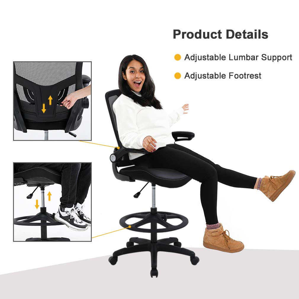 BestOffice Drafting Chair Ergonomic Tall Office Chair Standing Desk Chair with Flip Up Arms Foot Rest Back Support Adjustable Height Mesh Drafting Stool, Black
