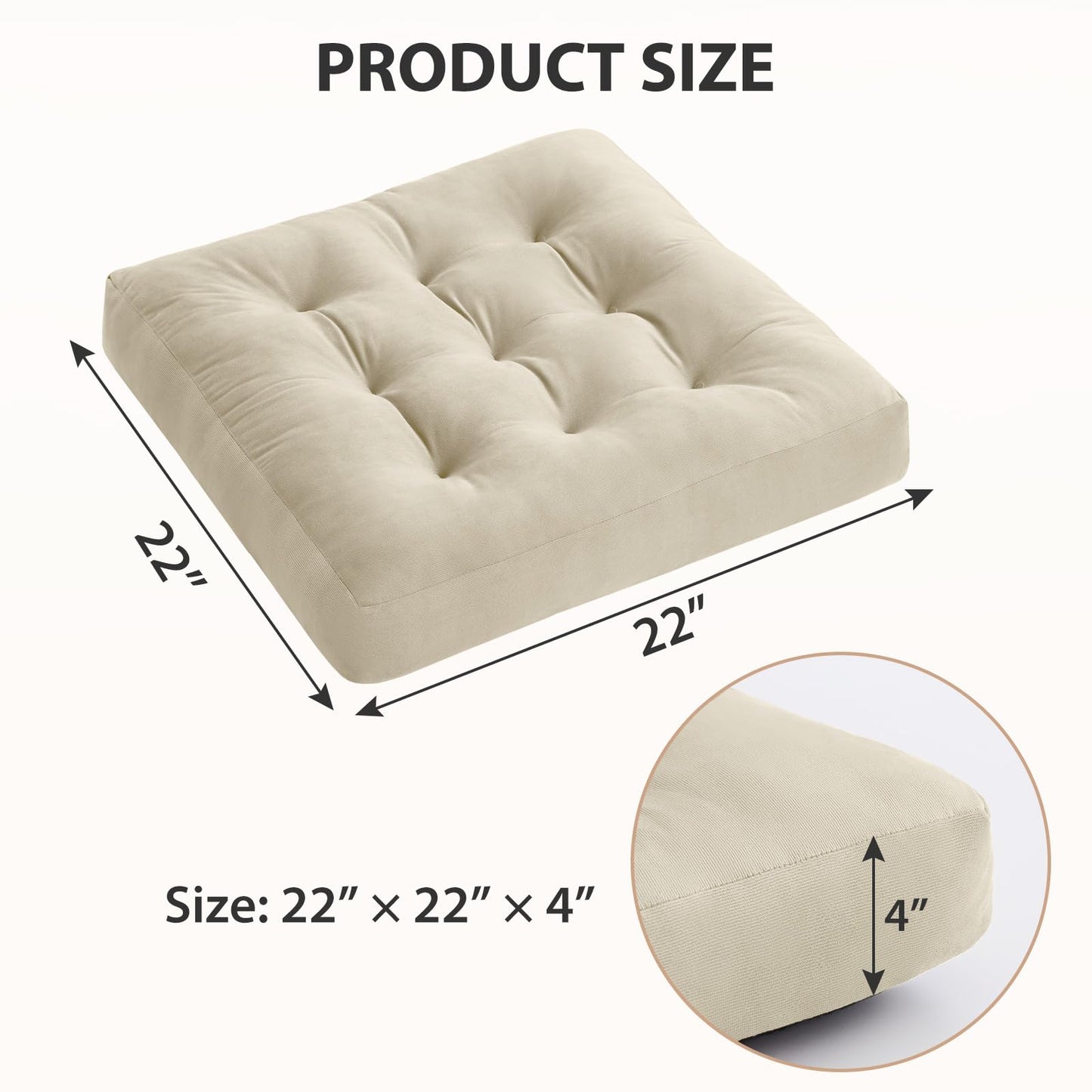 SM-XLHN Meditation Floor Pillow Set of 1, Square Large Pillows Seating for Adults, Meditation Cushion Pillow,Tufted Corduroy Cushion for Tatami Living Room or Yoga, Beige, 22x22 Inch