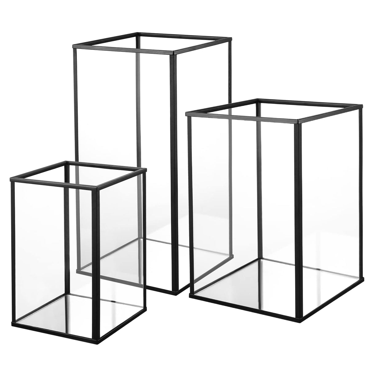 Phosphor Large Glass Hurricane Candle Holder Set of 3 PCS Black Glass Candle Holder for Thankgiving Wedding Party Holiday