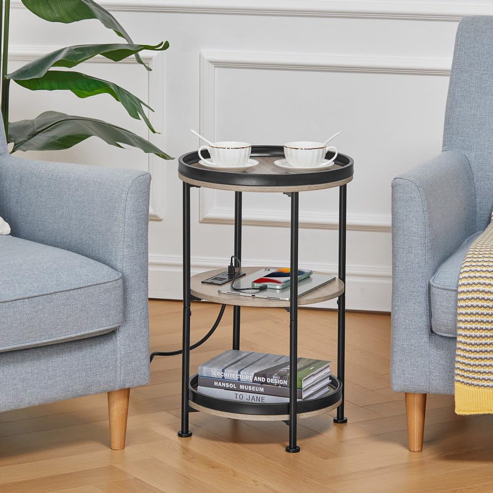 Dulcii Round Side Table with Charging Station, End Table with 3 Shelves for Living Room, Bedroom Nightstand for Small Spaces, Industrial Round Sofa Table with Steel Frame (USB+Oak)