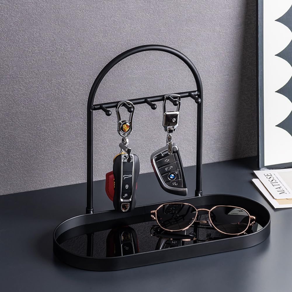 Shinpuru Metal Jewelry Organizer Stand & Key Holder Tray with Acrylic Base, Key Stand and Jewelry Tray with 5 Hooks, Perfect Bowl, Valet, Key Tray, Ring Holder, Jewelry Dish(Matt Black)