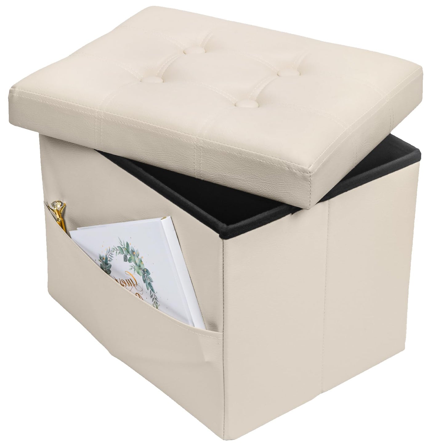 Bsketa Storage Ottoman Foot Rest Stool, Small Leather Storage Ottomans Bench, Folding Footstool with Side Pockets, Foot Rest Under Desk for Living Room Bedroom, 16x12x12 in, Beige