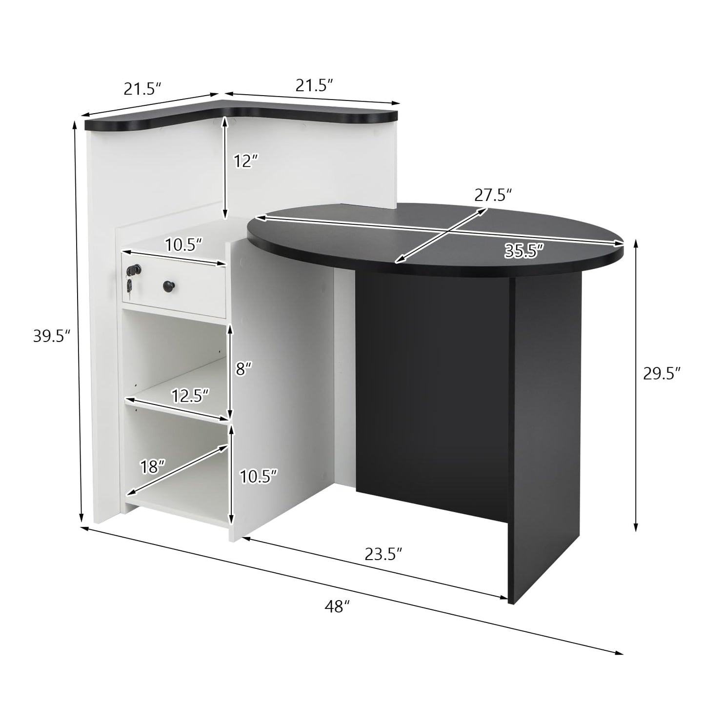CHEFJOY Reception Desk, Retail Checkout Counter w/Lockable Drawer & Open Shelves, Computer Workstation, Small Front Desk Reception Counter for Company Lobby Store Salon Office (Black & White)