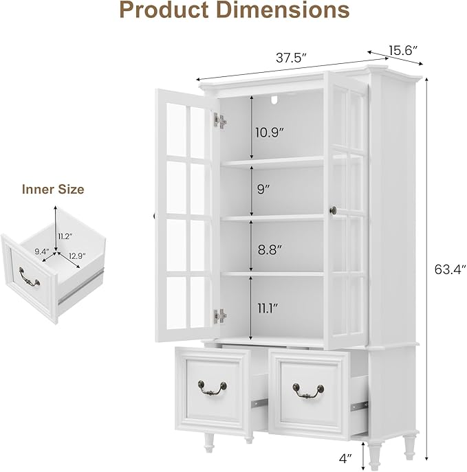 QUW 63" Tall Bookshelf with Glass Doors and Solid Wood Legs, Modern Book Shelf