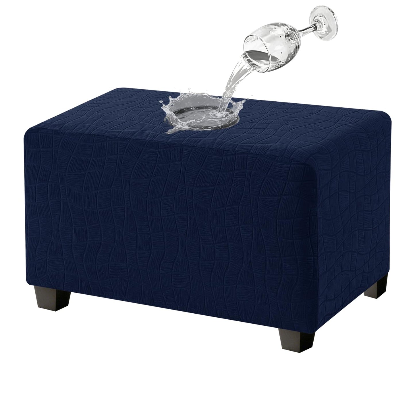 MAXIJIN Waterproof Ottoman Cover Rectangle Stretch Ottoman Slipcovers Square Thick Stool Covers Storage Footrest Furniture Protector with Non-Slip Elastic Bottom (Small, Navy Blue)