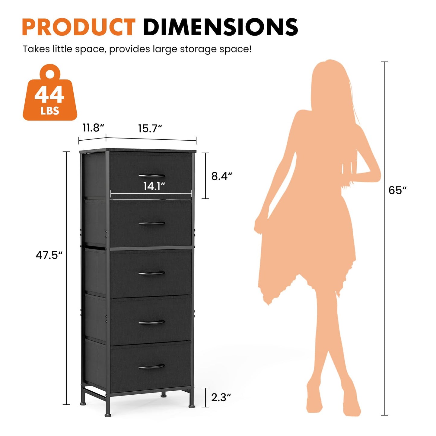 Sweetcrispy 5 Drawer Dresser with Fabric Bins Steel Frame Wood top Storage Chest for Bedroom Closet Hallway Black Compact Organizer Durable Home Storage Solution
