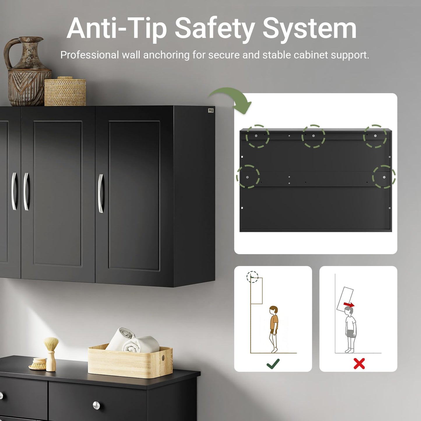 SoBuy Wall Cabinet Laundry Room, Medicine Cabinet for Bathroom Kitchen Garage, 3 Doors Wall Storage Cabinet with Adjustable Shelf, Black FRG231-L-SCH