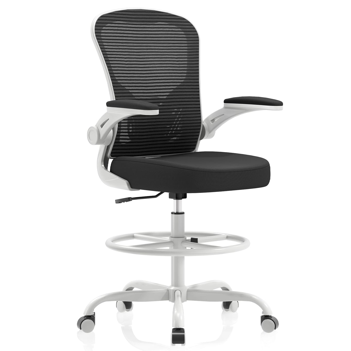 Synorla Ergonomic Drafting Chair, Tall Mesh Office Chair with Flip-up Armrests, Lumbar Support Adjustable Footrest Ring for Standing Desk Gray Pink