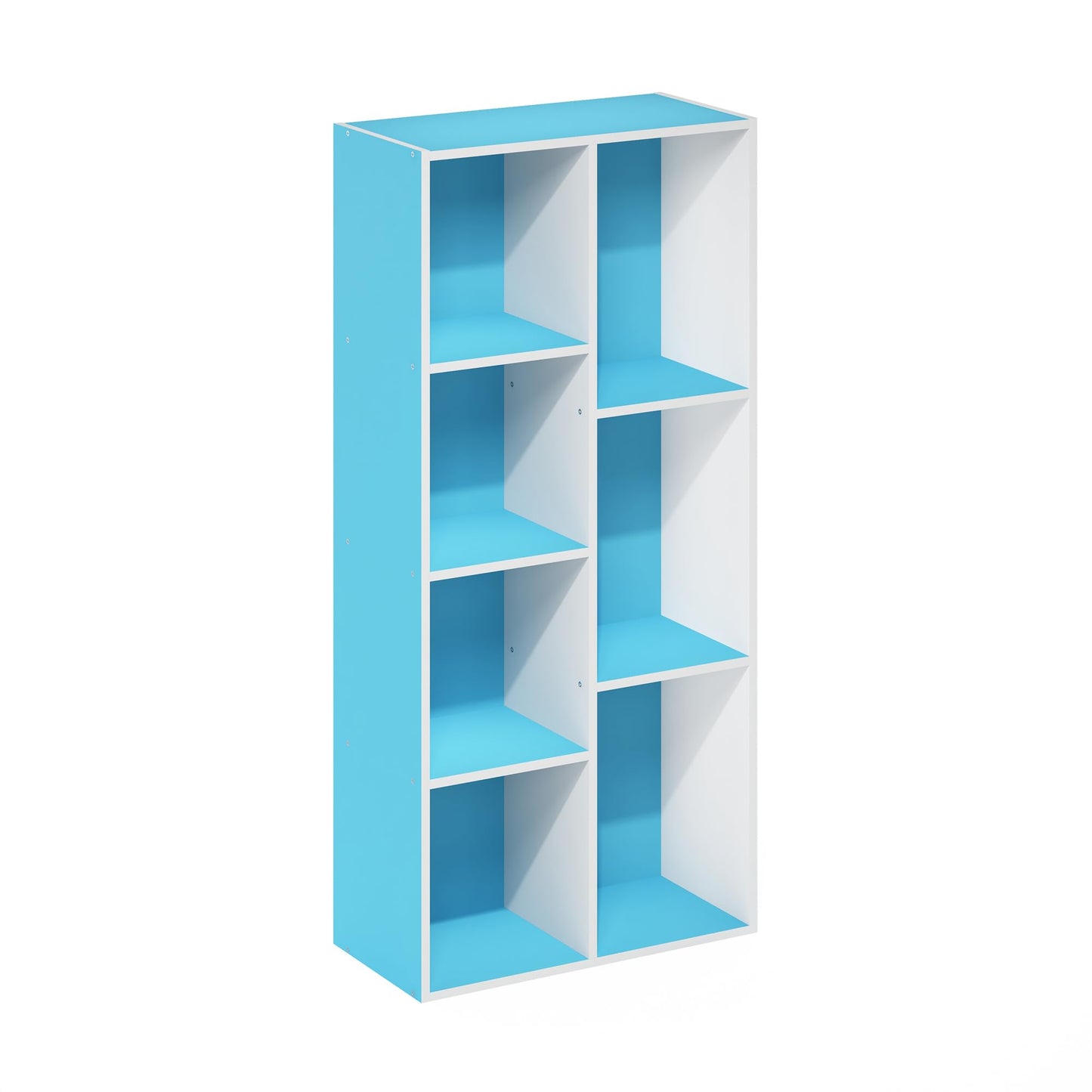 Furinno LUDER Book Shelf, 7-Cube Bookshelf, Bookcase with Open Shelves, 9.4 x 19.5 x 41.7, Easy Assembly, for Living Room, Bedroom, Home Office, White/Light Blue
