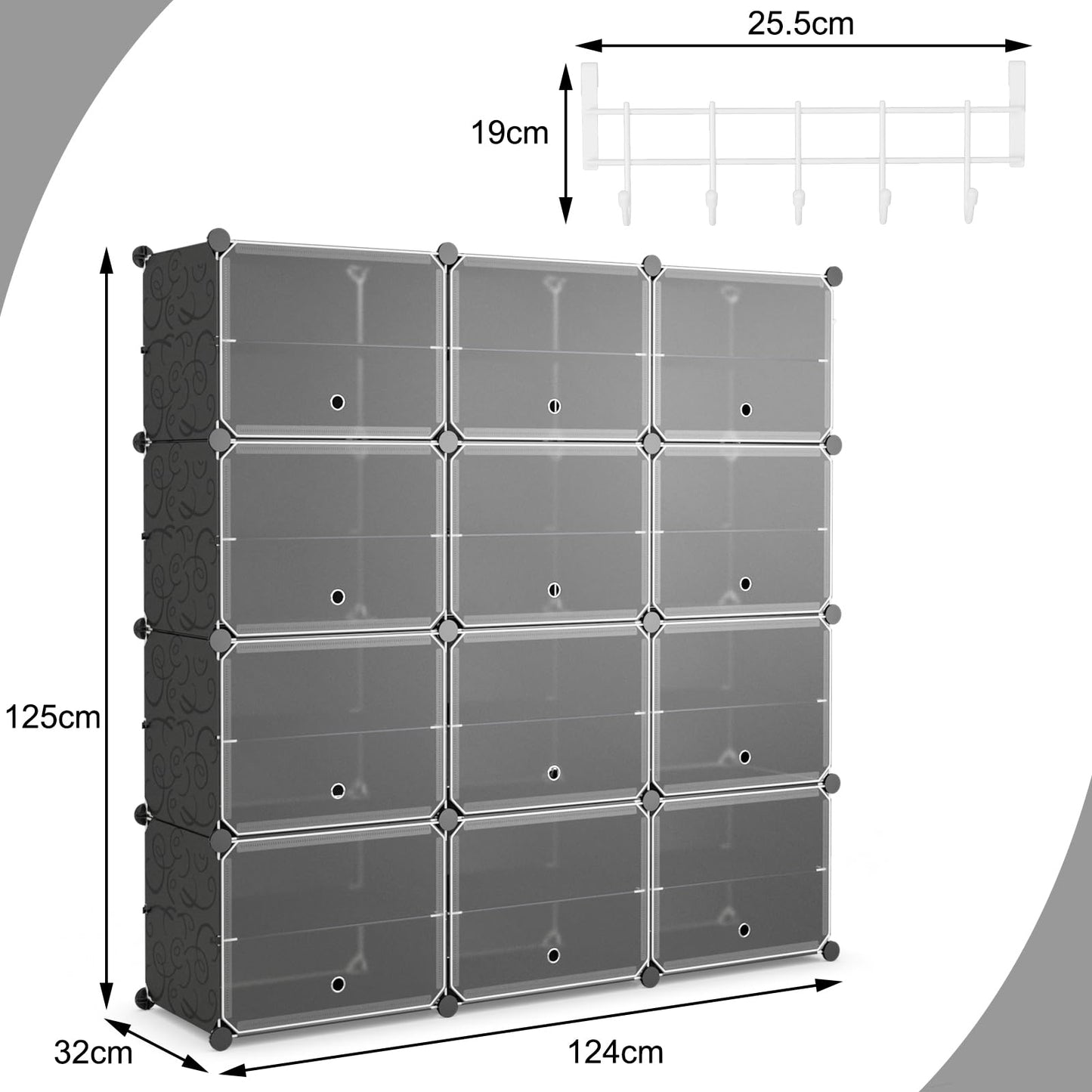 Freestanding Multi-Layer Space Saving Storage Large-Capacity Dustproof Shoe Storage Cabinet，Modular Shoe Cabinet with 12 Cubes Portable Shoe for 48 Pairs with Door DIY Space Saving Wardrobe