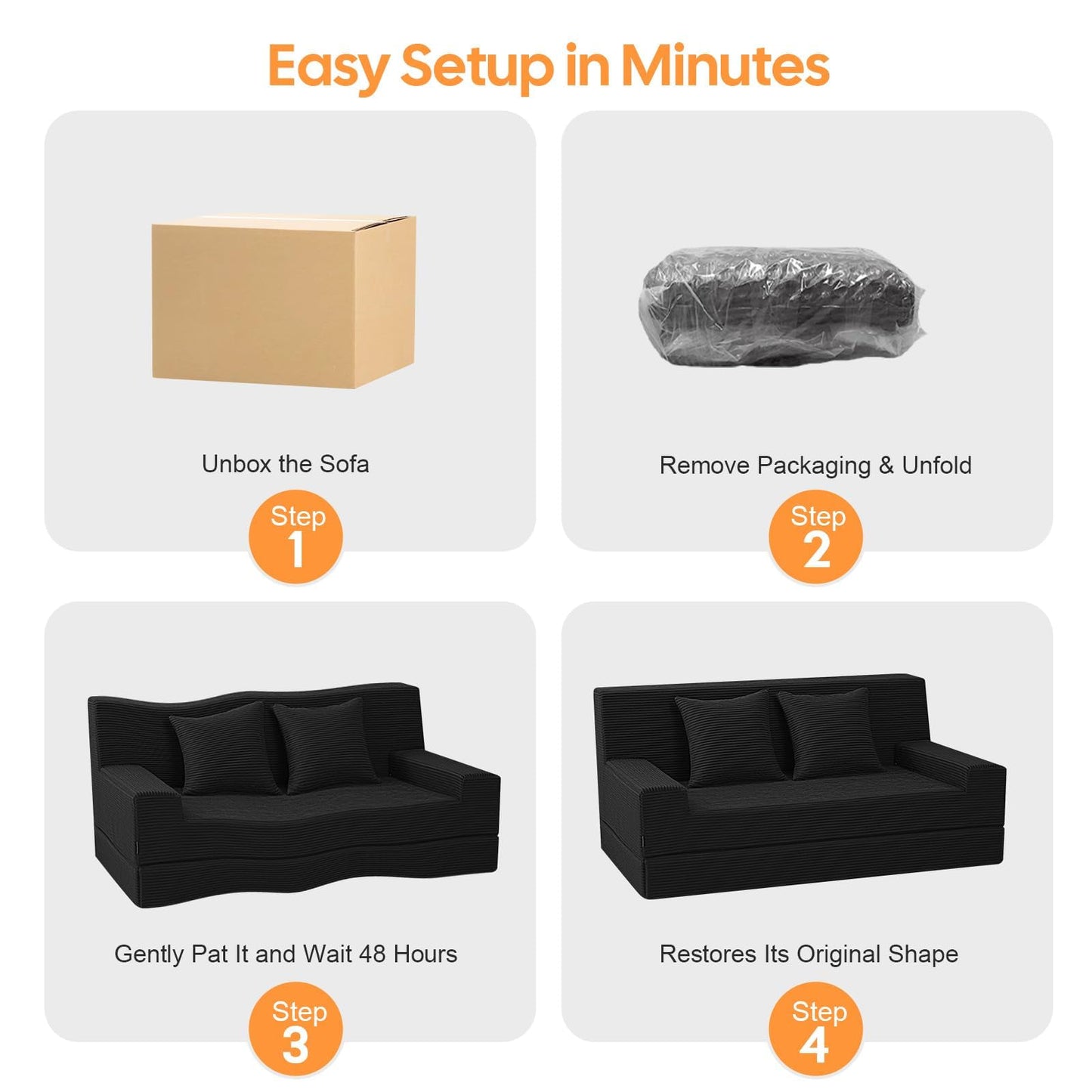 MeMoreCool Folding Sofa Bed Boneless Couch, 59" Loveseat Convertible Futon, Corduroy Foldable 2-in-1 Floor Sleeper for Small Living Room, Apartment, Guest Room, Foam Support & Washable Cover, Black