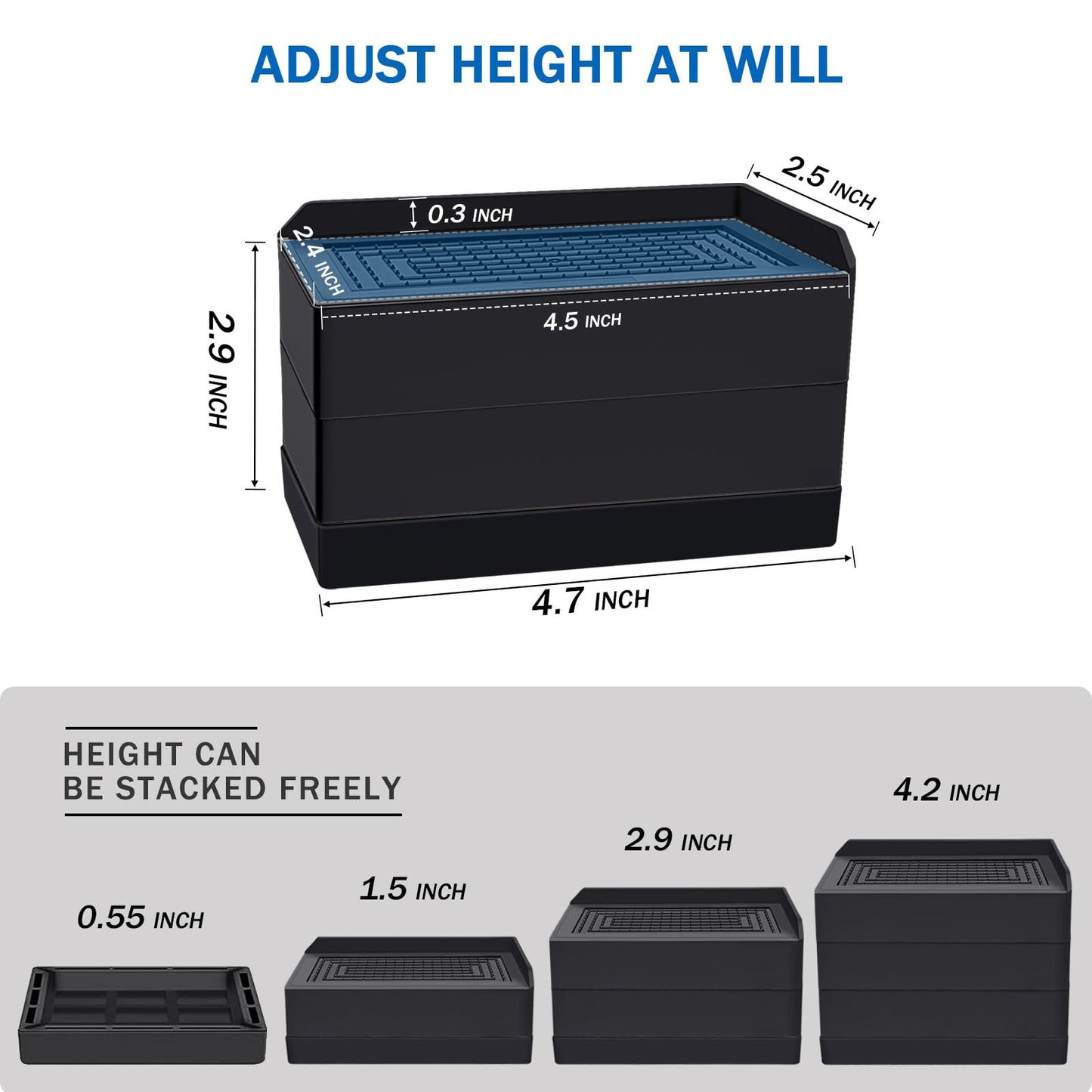 ANNKUT Rectangle Bed Risers, 3 Inch Heavy Duty Adjustable Furniture Risers for Bed Sofa Table and Couch Lift，Support Up to 1,300 Lbs (4 Pack-Black)
