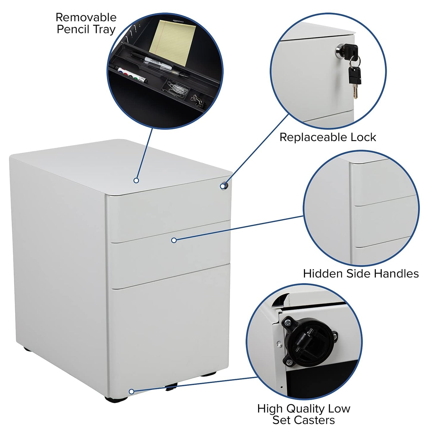 Flash Furniture Warner Modern 3-Drawer Mobile Locking Filing Cabinet with Anti-Tilt Mechanism and Hanging Drawer for Legal & Letter Files, White