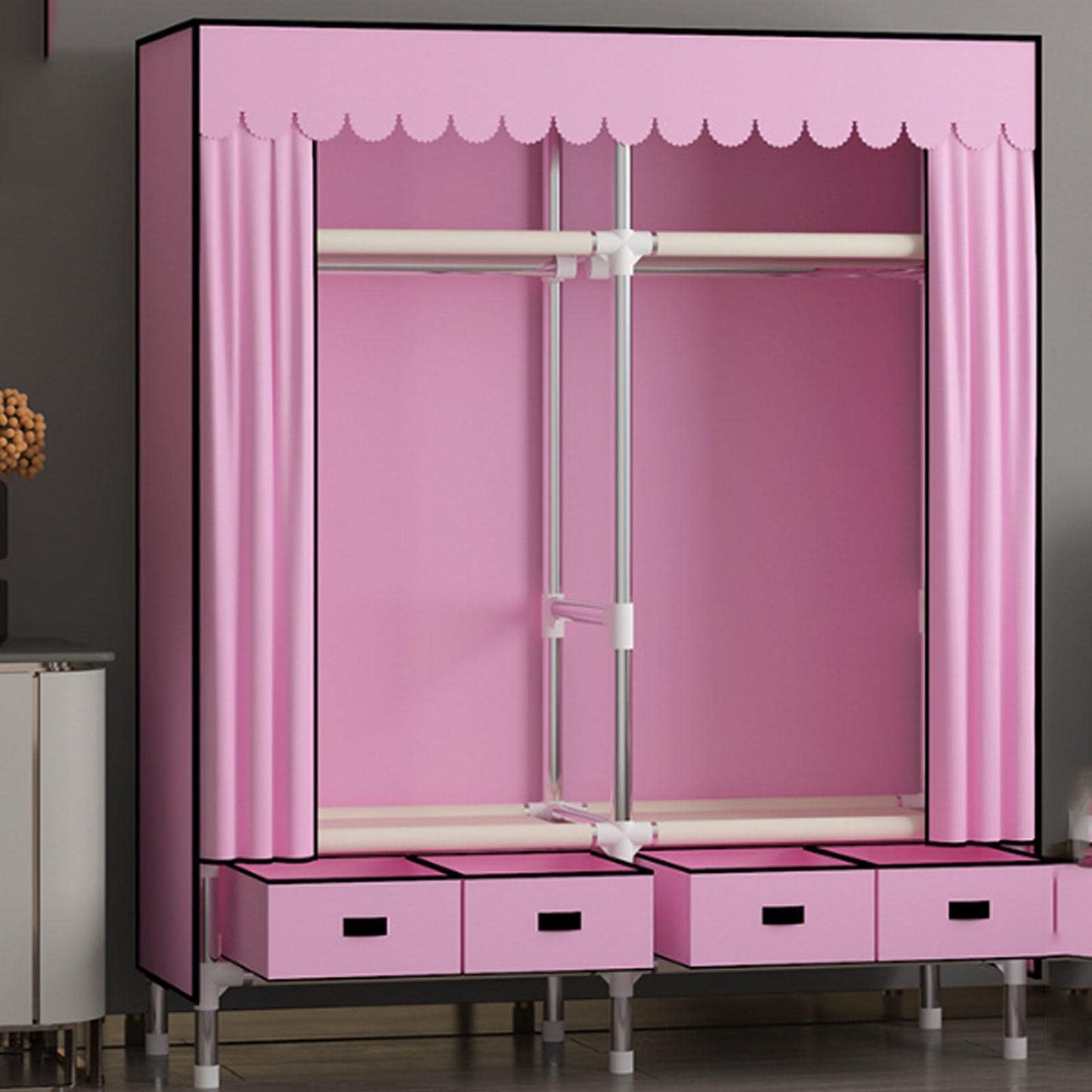 WuDLi Portable Canvas Wardrobe, Fabric Wardrobe with Hanging Rail, Shelves, Clothes Closet Storage Organizer, Fabric Wardrobe for Bedroom,Pink-140x45x168cm