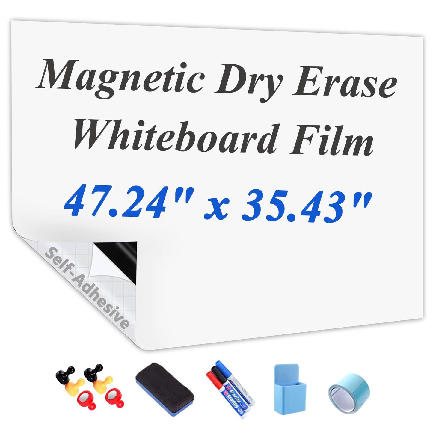 Self-Adhesive Dry Erase Whiteboard Sticker, 47.24" x 35.43" Magnetic Receptive White Board Wall Film, No Ghosting, Easy Write & Clean | Peel & Stick for Office, Home & Classroom,Incl. Accessories