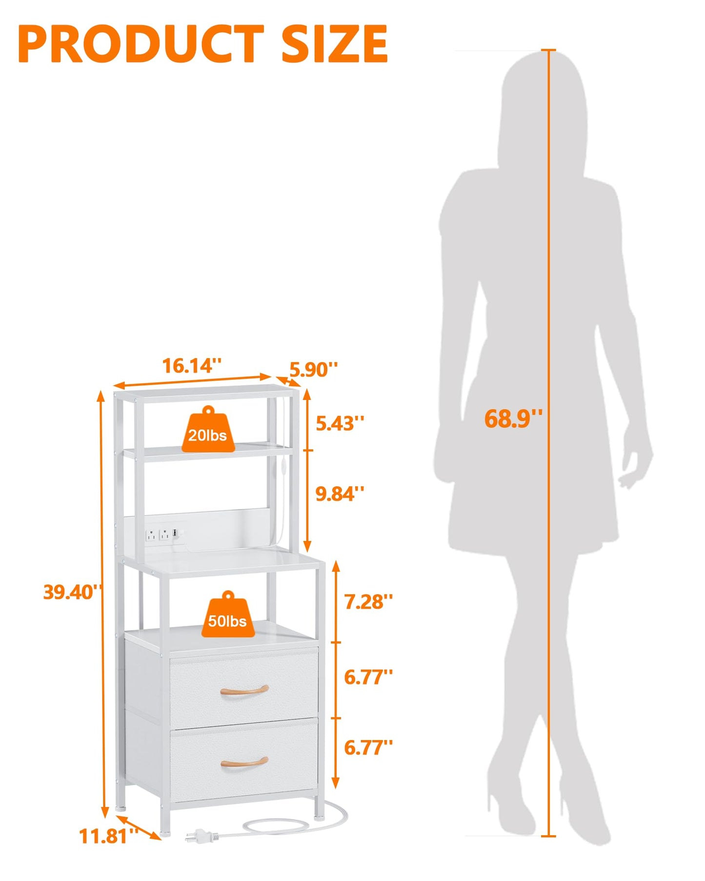 Furnulem Night Stand, Tall White Nightstand with 4-Tier Shelves, 2 PU Fabric Drawers and Led Lights, Bed Side Tables with Charging Station, Bedside Table for Bedroom