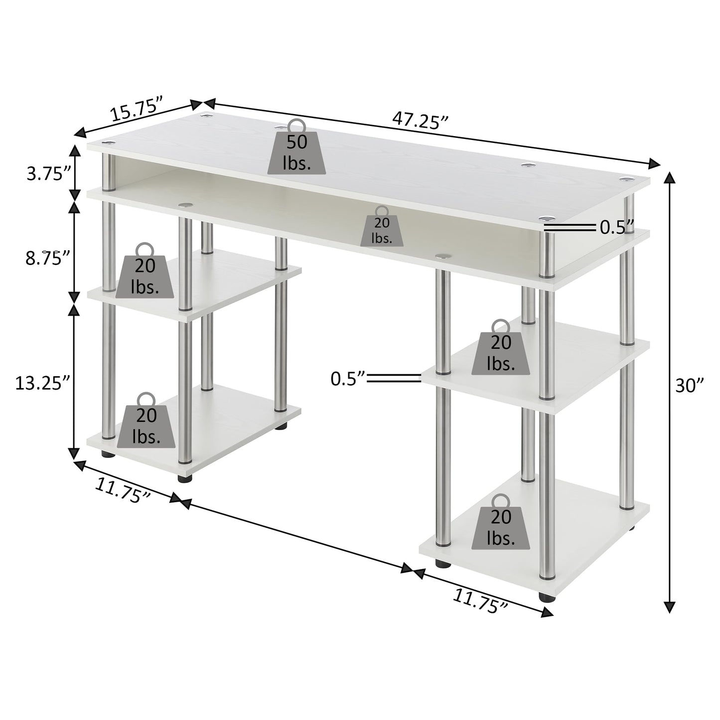 Convenience Concepts Designs2Go No Tools Desk Home Office Desk with Shelves, Corner Shelf Vanity Desk Computer Desk Nail Table for Nail Tech - 47.25" L x 15.75" W x 30" H, Blue