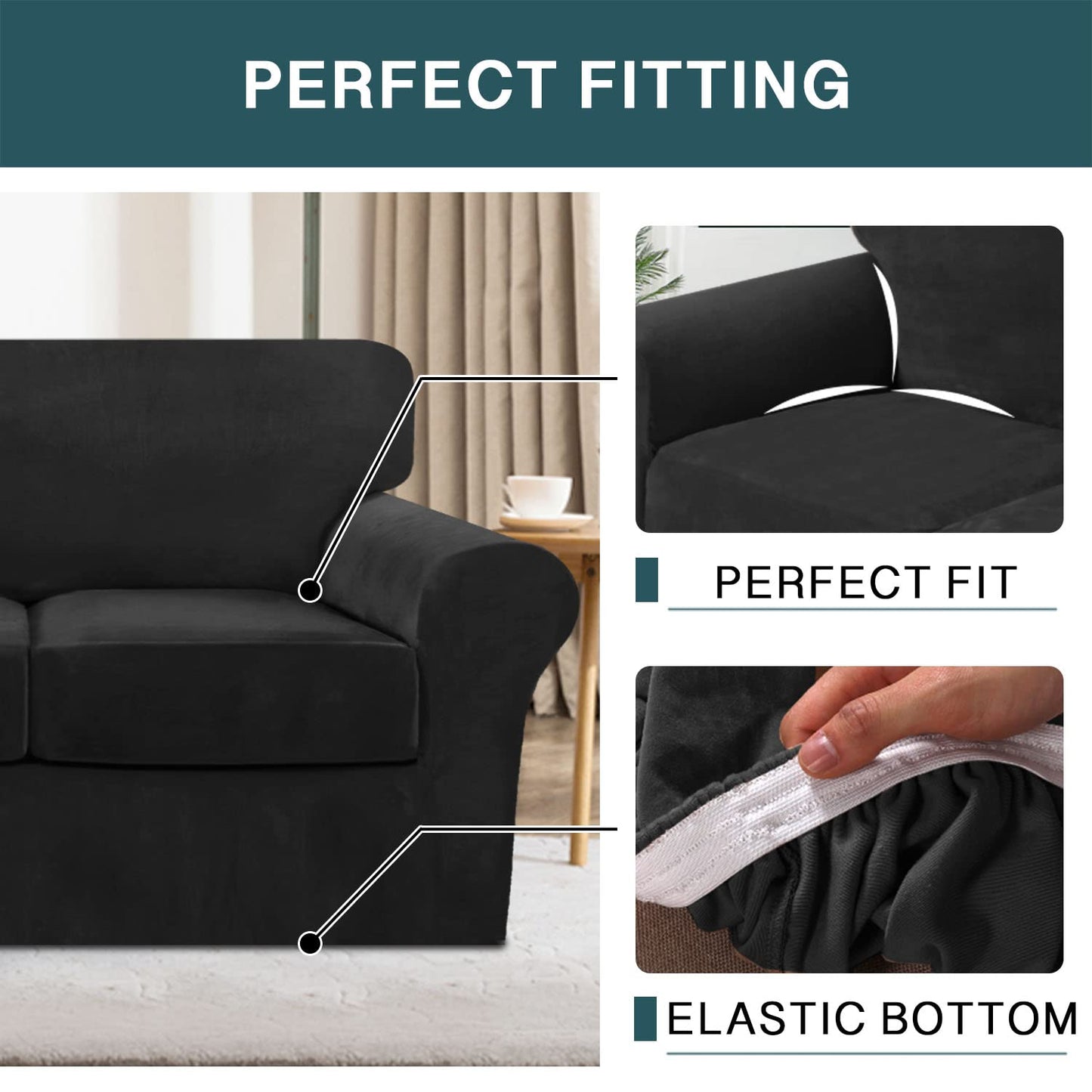 FantasDecor 3 Piece Sofa Covers Velvet for 2 Cushion Couch Stretch Loveseat Slipcover with Individual Seat Elastic Furniture Protector for Pets (Loveseat, Black)