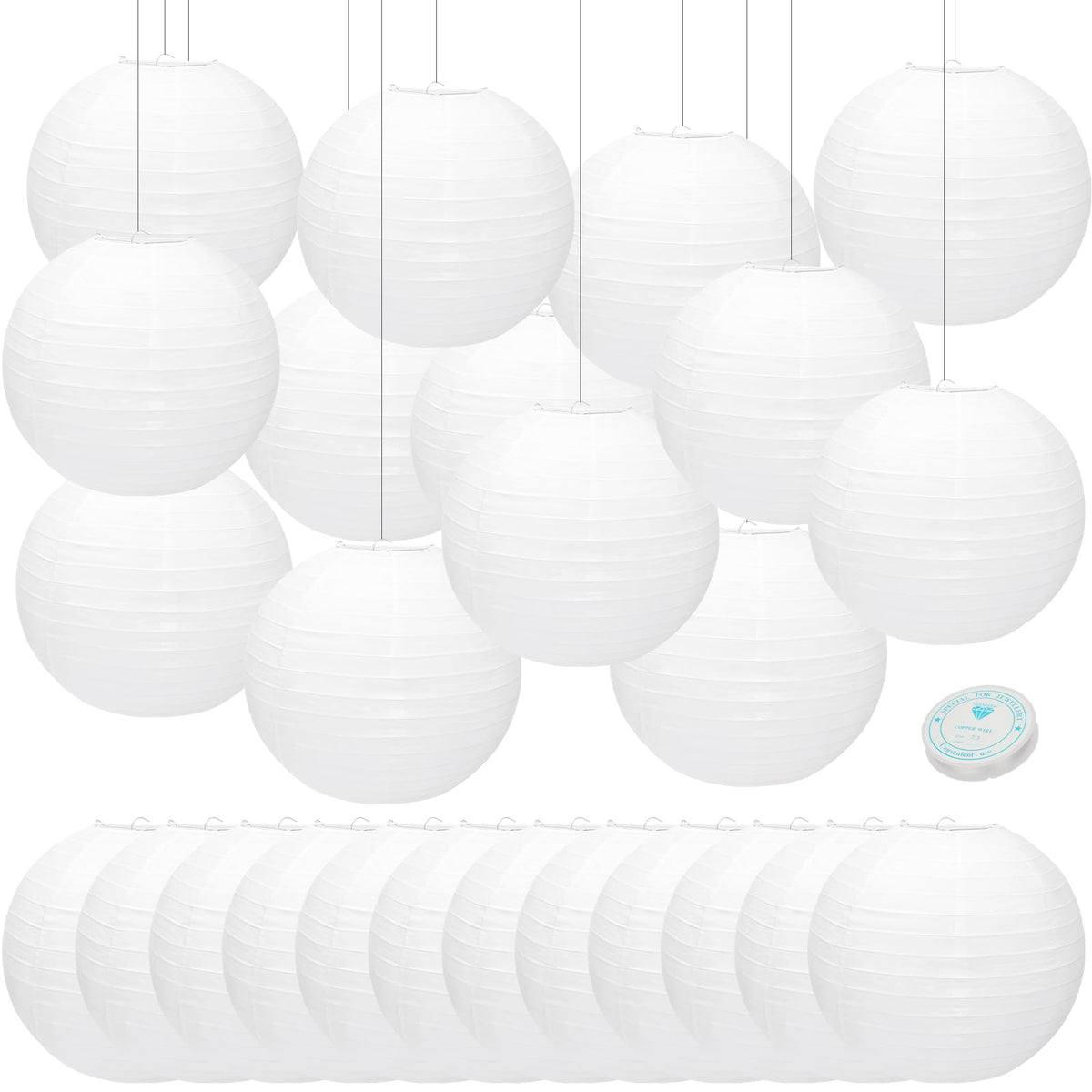 24 Packs White Paper Lanterns 12 Inch Chinese Japanese Hanging Paper Lanterns Lamp Round with Clear Fishing Line DIY Table Centerpiece Decoration for Wedding Birthday Party Baby Shower Indoor Outdoor