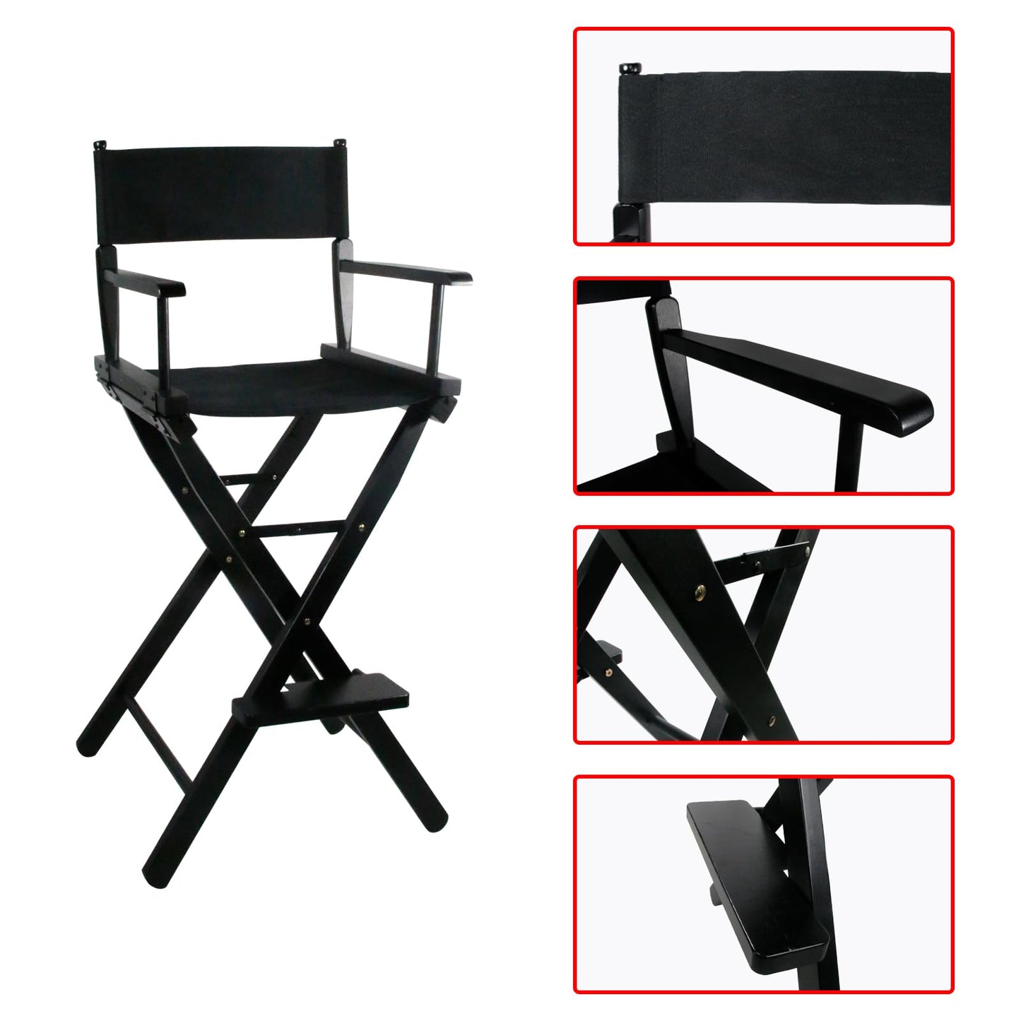 GDGYOFN 30 Inch Directors Chairs Foldable, Folding Makeup Artist Chair with Portable Footrest - Solid Hardwood Frame, 250lb Capacity, Black - for Professional Salon, Home Studio & Photography