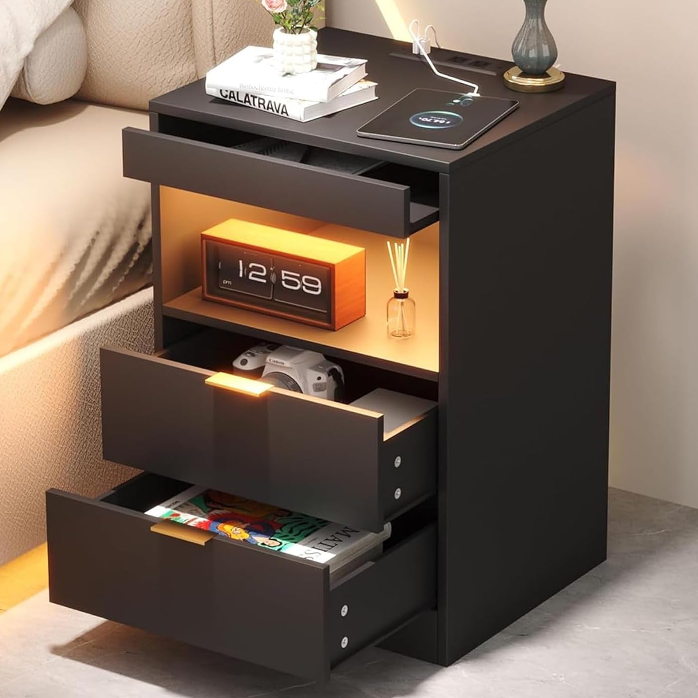 Yusong Night Stand, Black Nightstand, LED Nightstand with Charging Station, Modern Night Stand, Bedside Table, Wood Sofa Couch End Side Table with 2 Pull-Out Shelf
