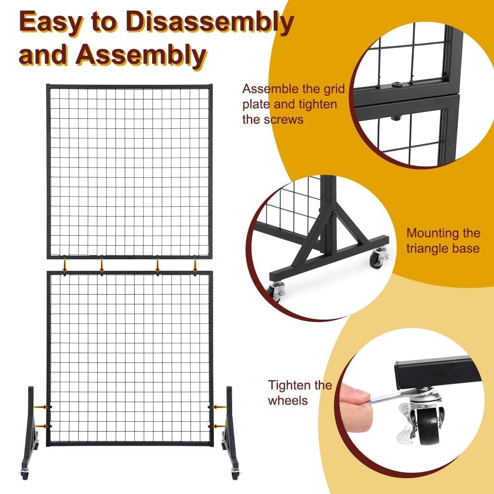 OUDUCK 2 Packs 3' x 6' Grid Wall Panels Standing Wire Grid, Study Display Rack with T-Base Wheels Freestanding Gridwall Panel Tower for Shows, Black