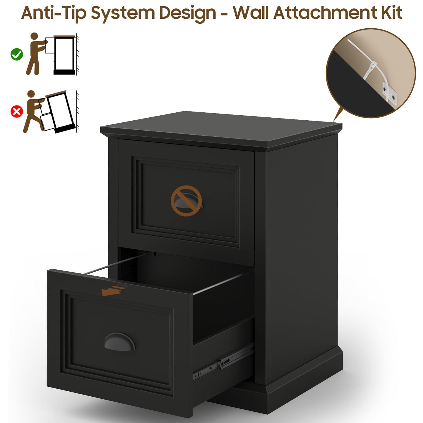 Halitaa Vertical File Cabinet, Filing Cabinet with 2 File Drawers, Farmhouse Small File Cabinet Fits Letter/A4 Size, Wooden Printer Stand, Under Desk Cabinets for Home Office, Black