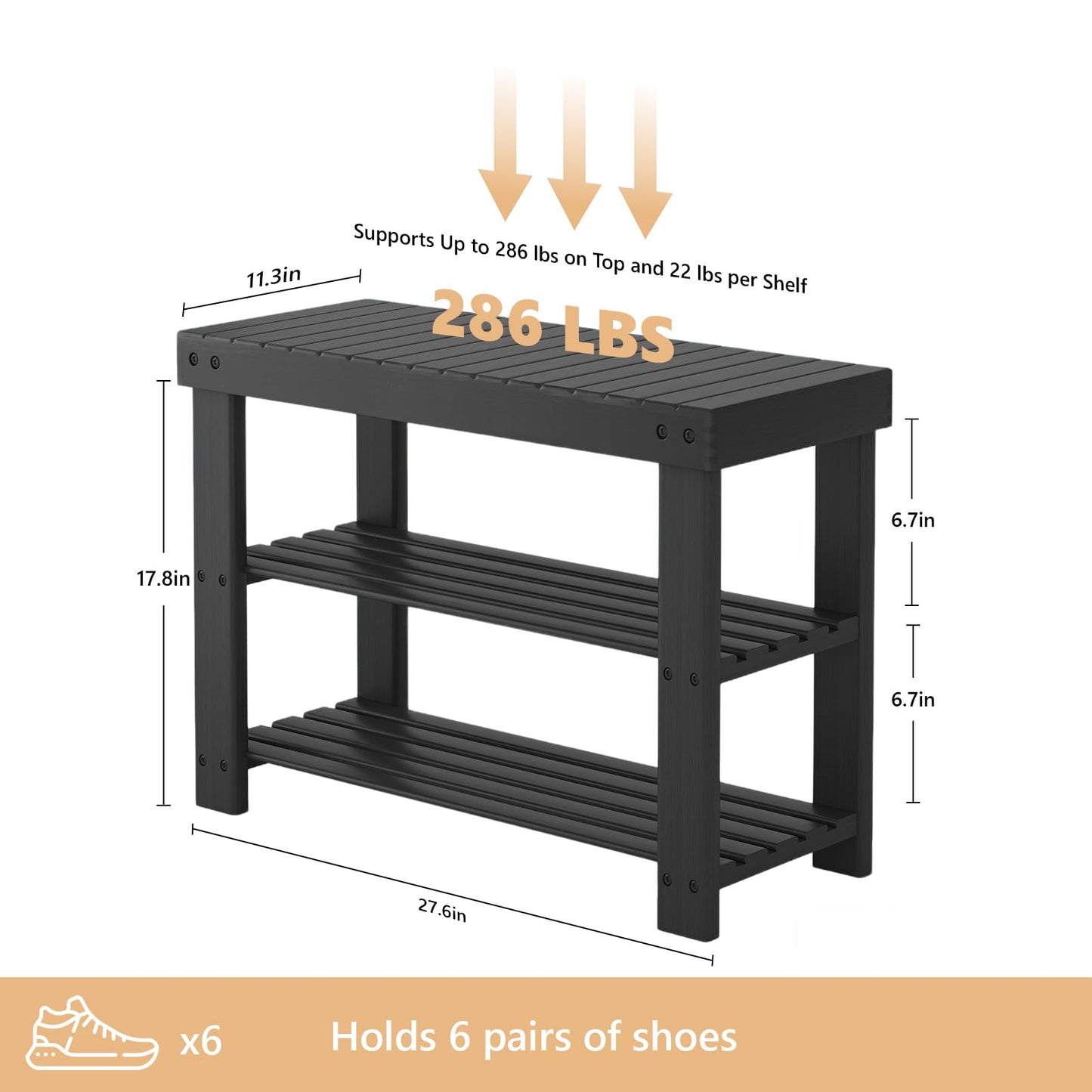 Sweetcrispy 3-Tier Shoe Rack Bench for Entryway, 286lb Capacity, Black