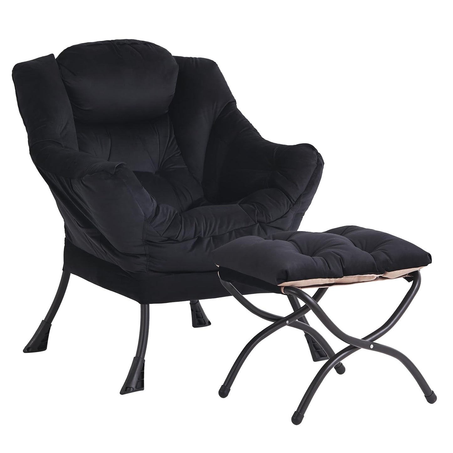 Givjoy Lazy Chair and Ottoman, Black Velvet Large Accent Chair with a Side Pocket, Modern Leisure Upholstered Sofa Reading Armchair with Footrest for Office, Bedroom, Living Room, Dorm Rooms, Balcony