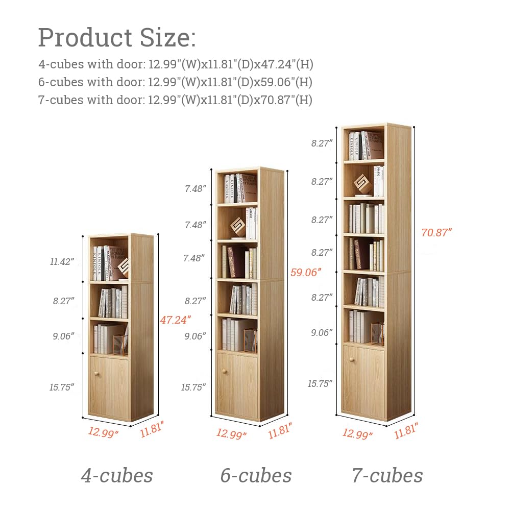 IOTXY Small Narrow Corner Bookcase - 47 Inches Tall Gap Freestanding Storage Cabinet, 4 Lattices Open Shelves Tower Rack with Door, Cubes Bookshelf in White